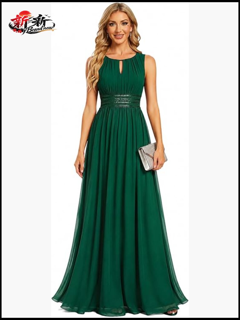 Sleeveless Chiffon Formal Wedding Guest Dress With Ruched A-Line Sequin Accents
